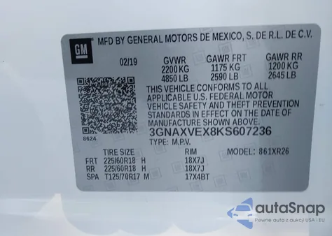 2019 Chevrolet Equinox Lt z USA, uszkodzony, nr VIN 3GNAXVEX8KS607236